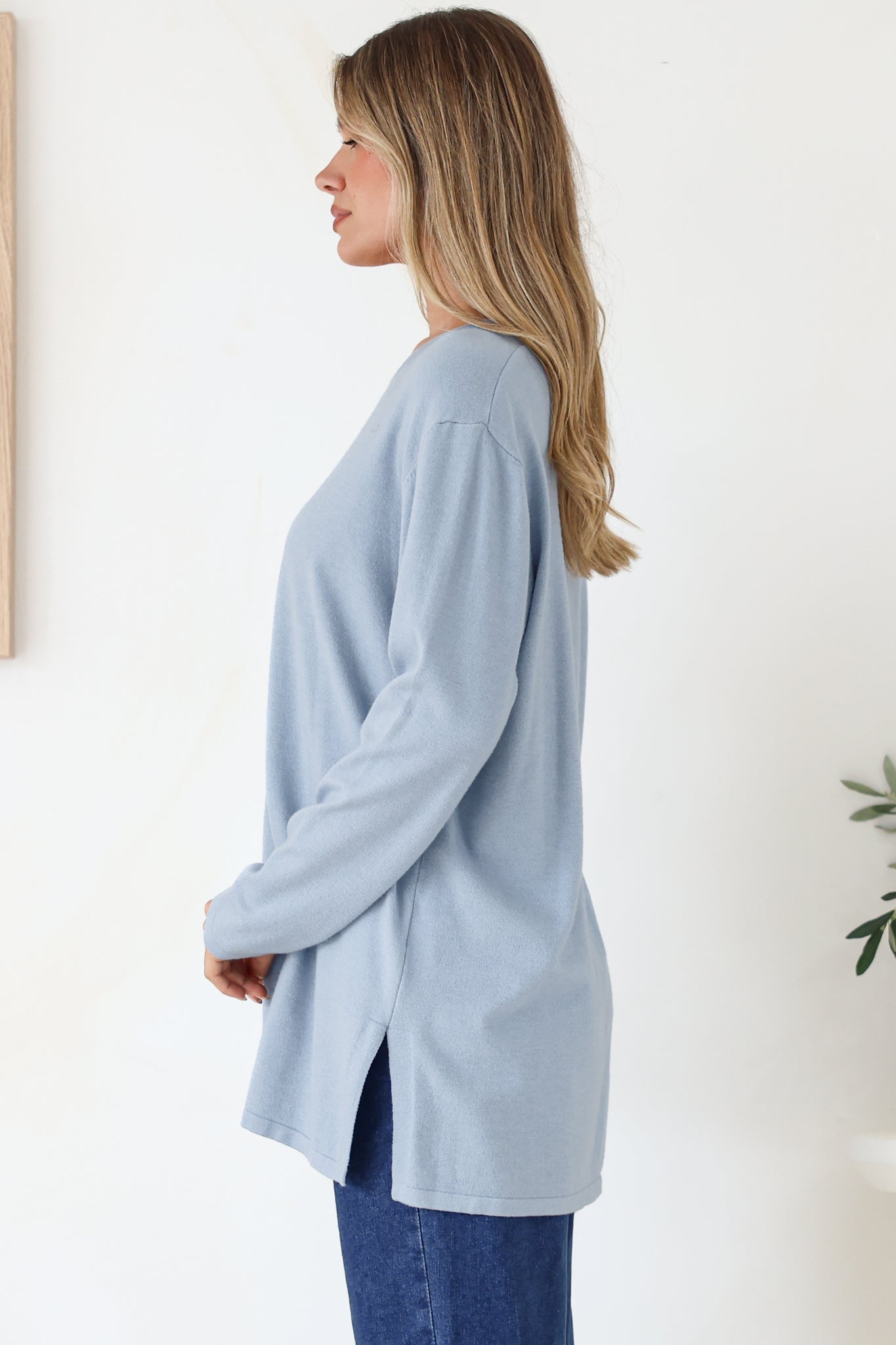 Rylee Jumper - Crew Neck Long Sleeve Pullover with Side Splits in Powder Blue