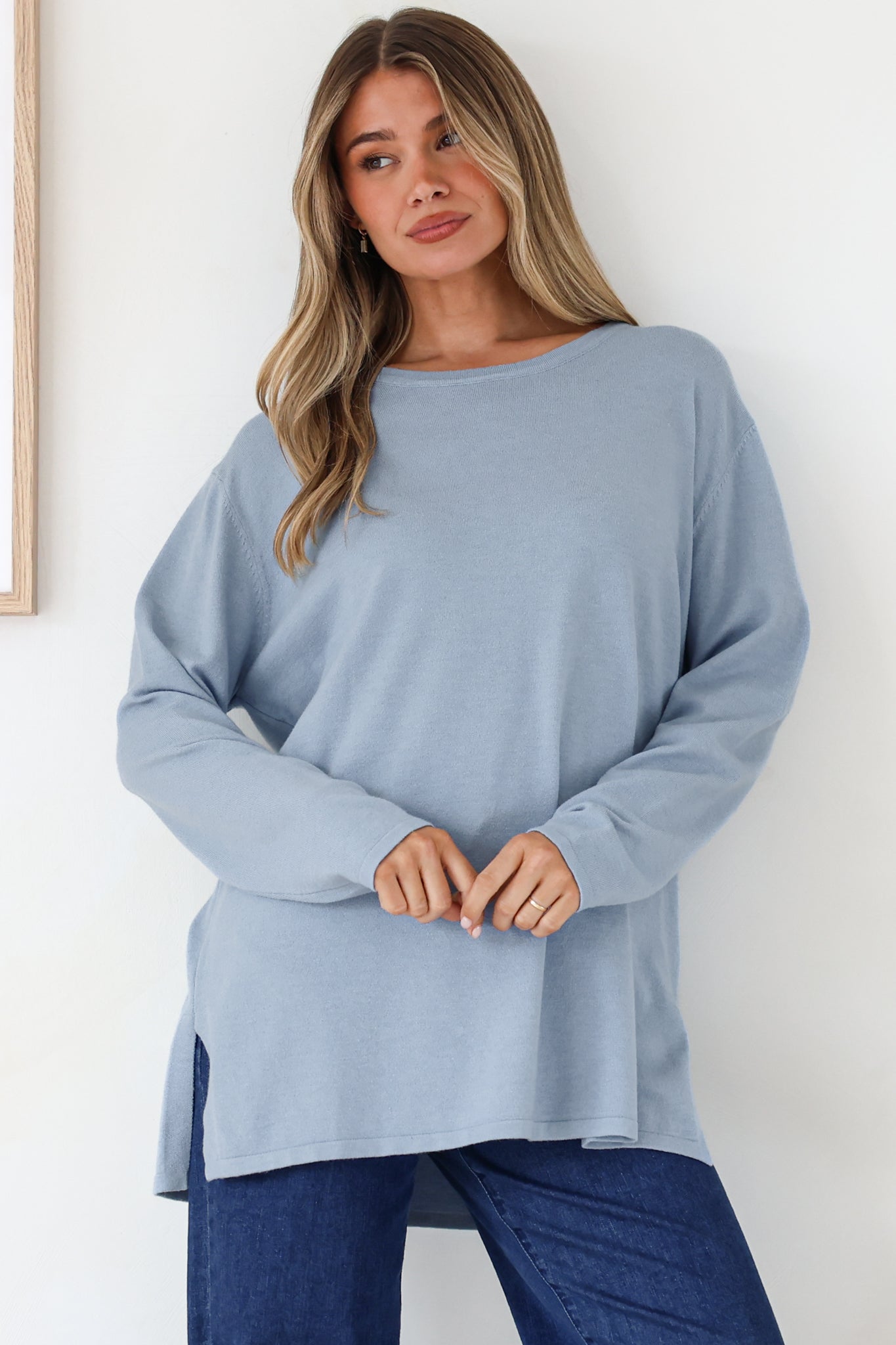 Rylee Jumper - Crew Neck Long Sleeve Pullover with Side Splits in Powder Blue