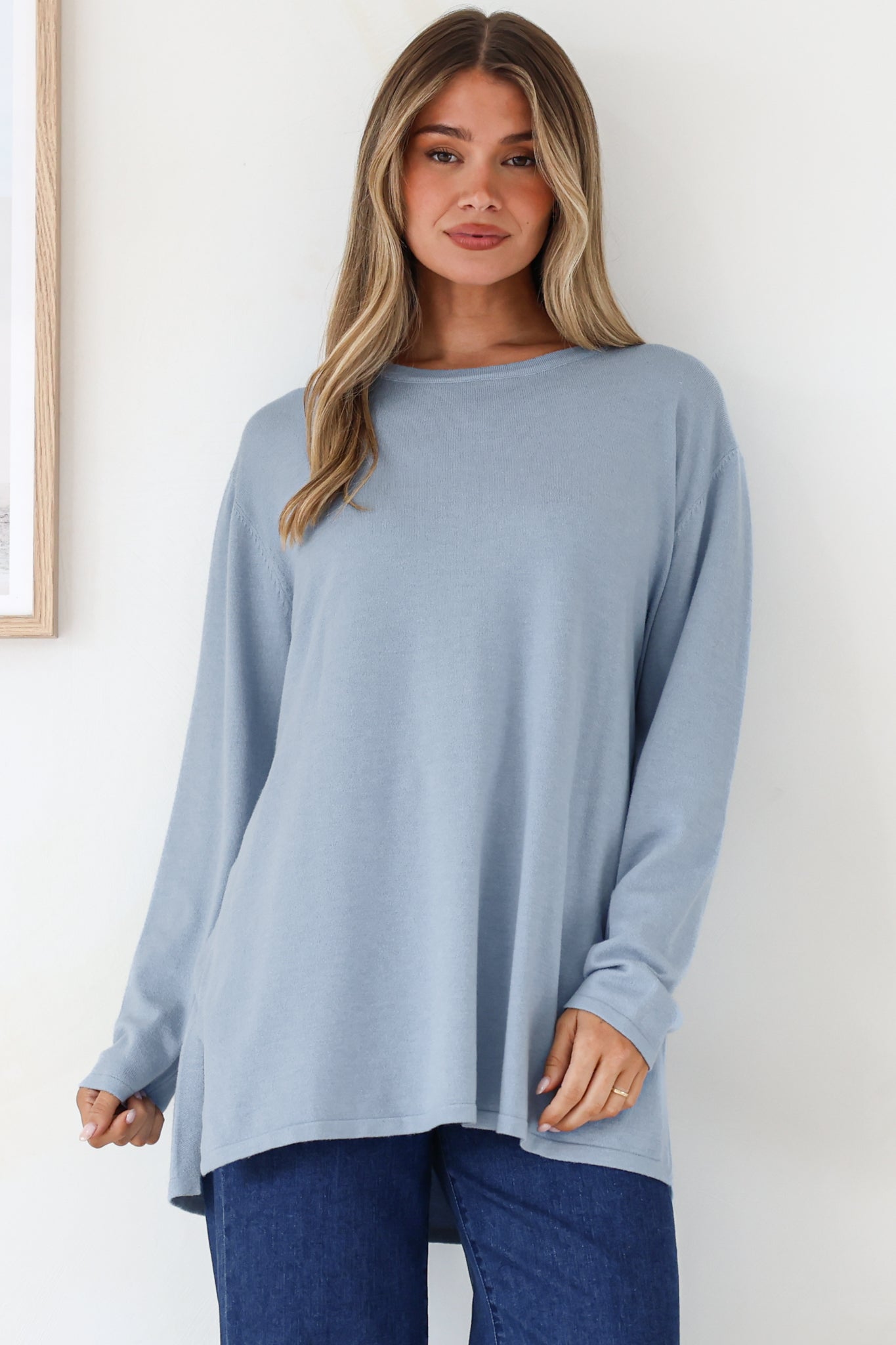 Rylee Jumper - Crew Neck Long Sleeve Pullover with Side Splits in Powder Blue