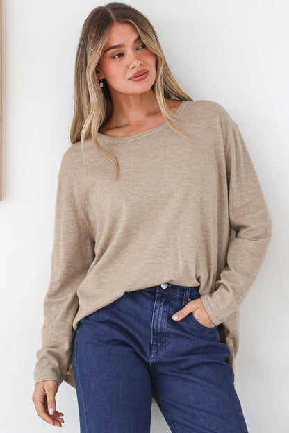 Rylee Jumper - Crew Neck Long Sleeve Pullover with Side Splits in Taupe
