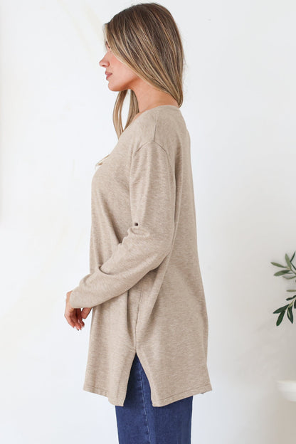 Rylee Jumper - Crew Neck Long Sleeve Pullover with Side Splits in Taupe