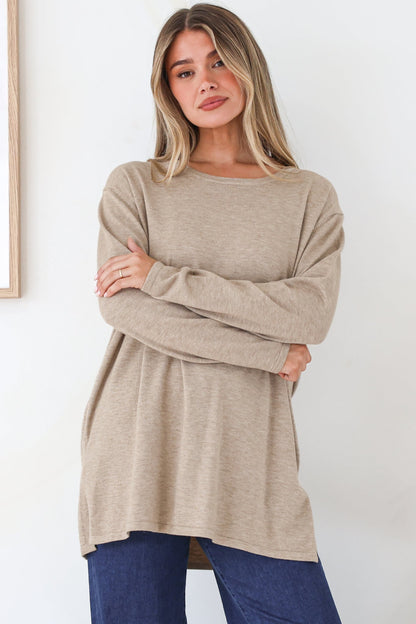 Rylee Jumper - Crew Neck Long Sleeve Pullover with Side Splits in Taupe
