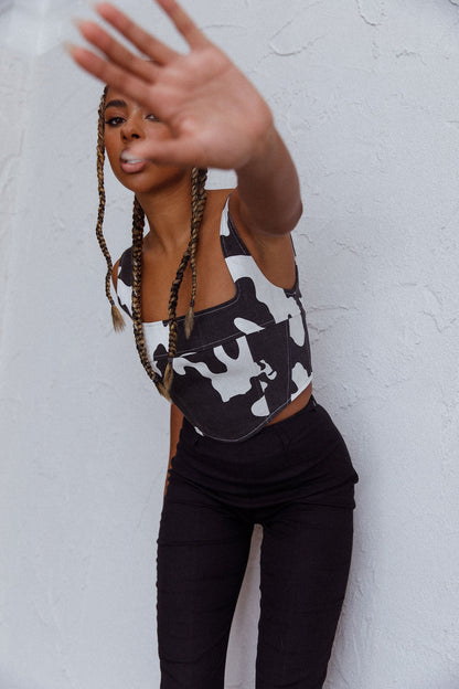 Mandie Thick Strap Crop Top Printed Cow