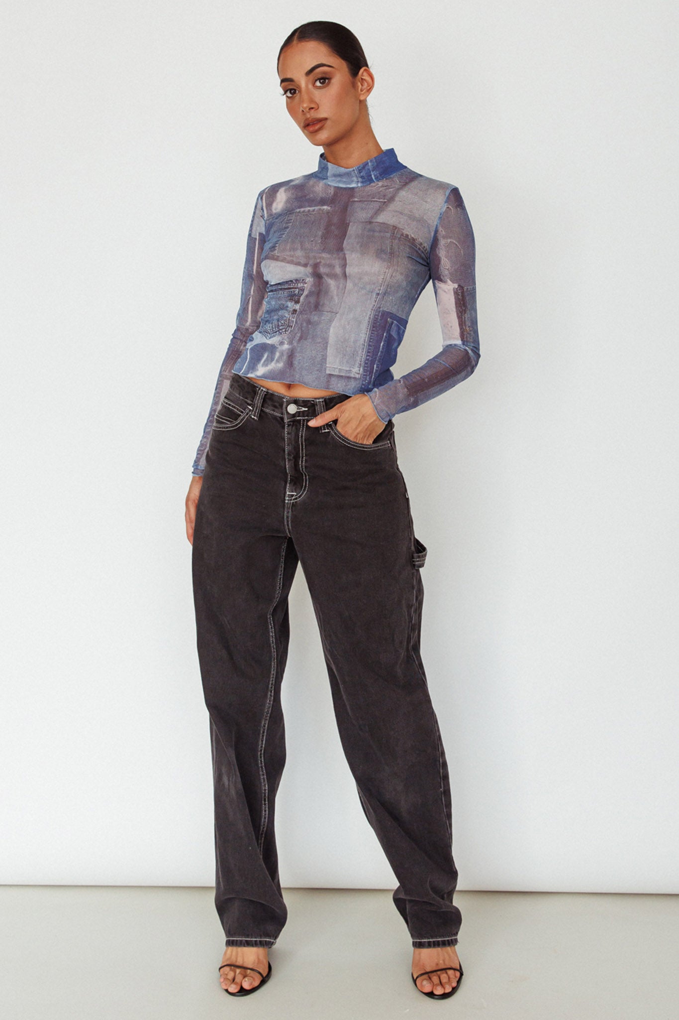 Giza Long Sleeve Mock Neck Top Print Denim Multi