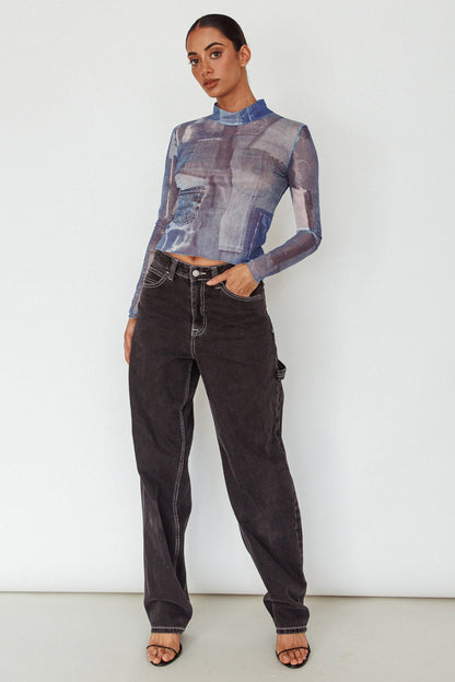 Giza Long Sleeve Mock Neck Top Print Denim Multi
