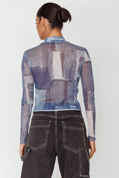 Giza Long Sleeve Mock Neck Top Print Denim Multi