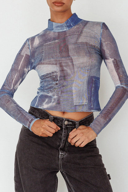 Giza Long Sleeve Mock Neck Top Print Denim Multi