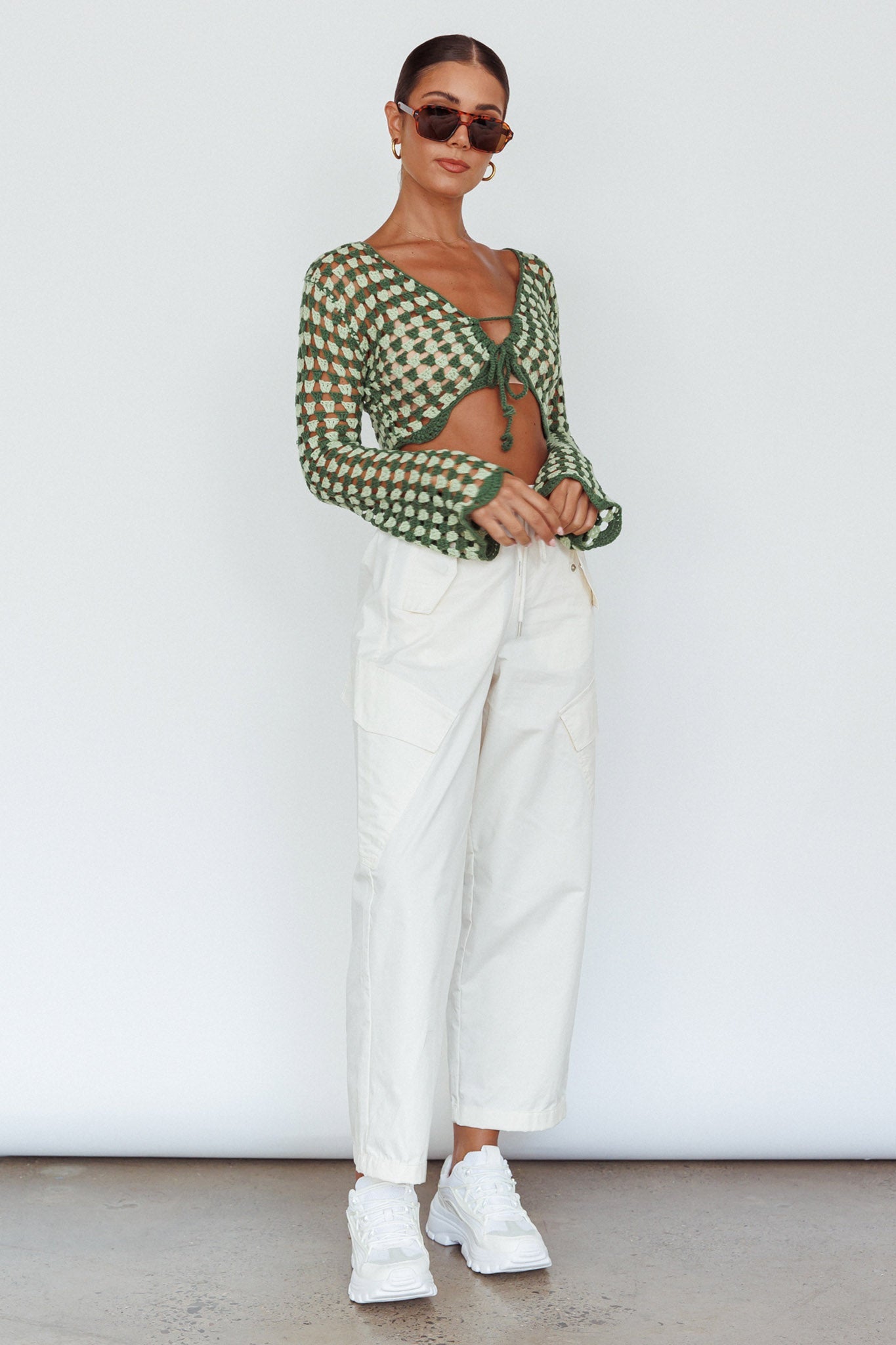 Maycie Long Sleeve Crochet Crop Top Green Multi