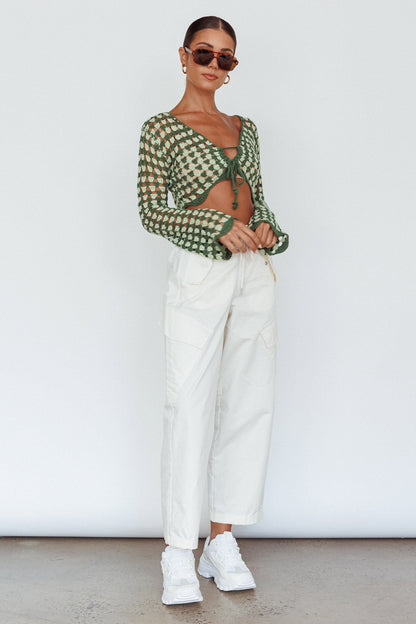 Maycie Long Sleeve Crochet Crop Top Green Multi