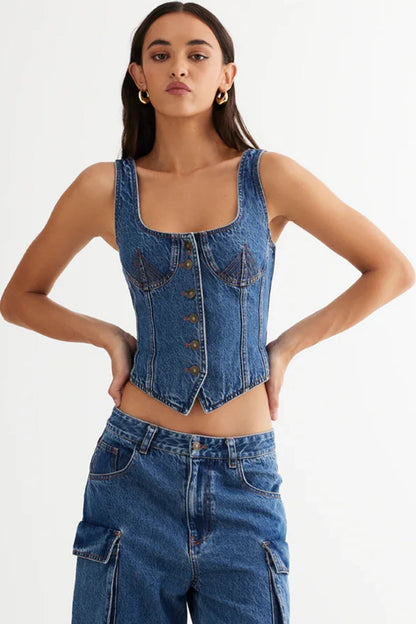 LIONESS After Hours Corset Top Blue Denim