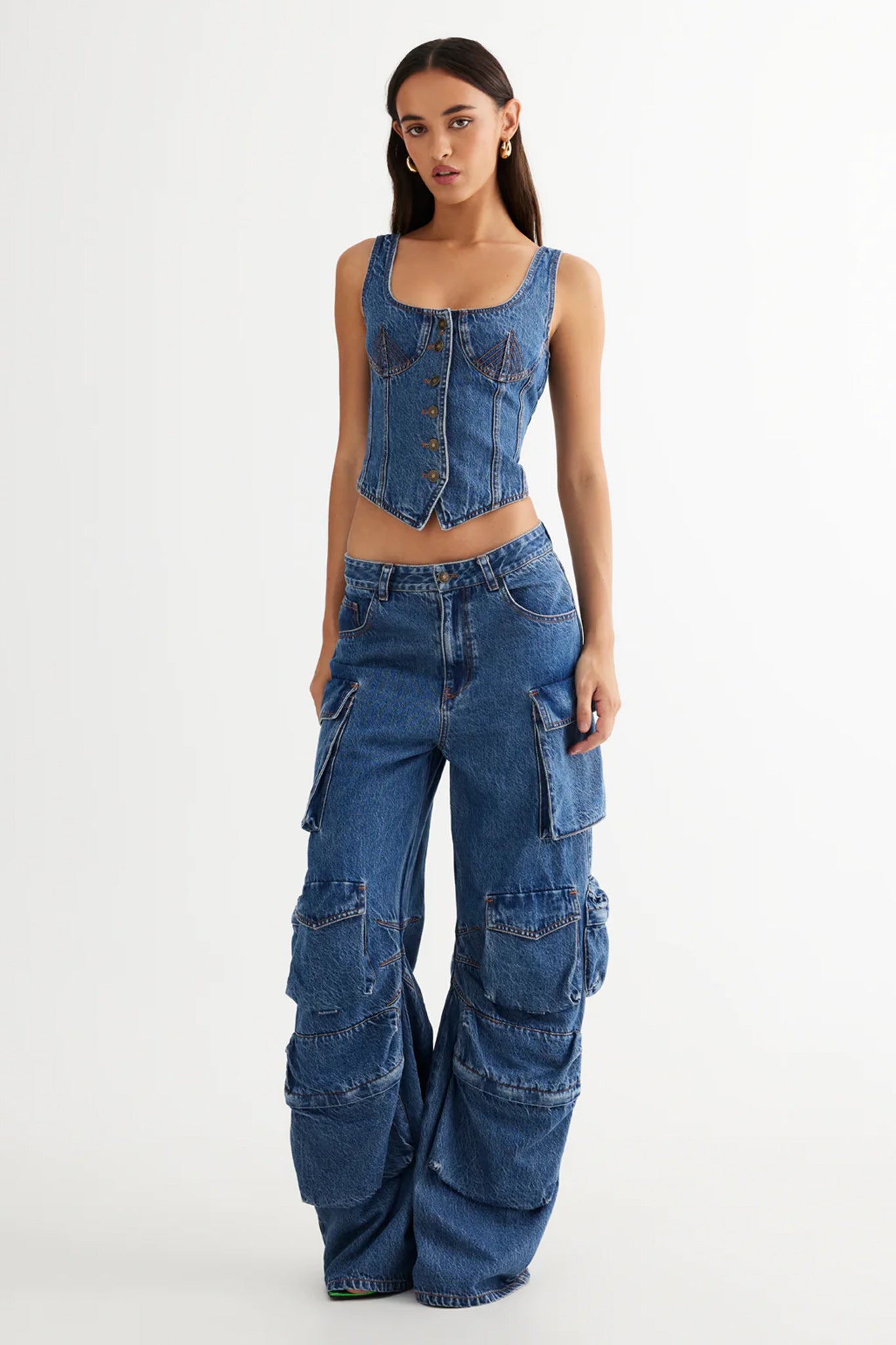 LIONESS After Hours Corset Top Blue Denim