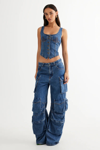 LIONESS After Hours Corset Top Blue Denim