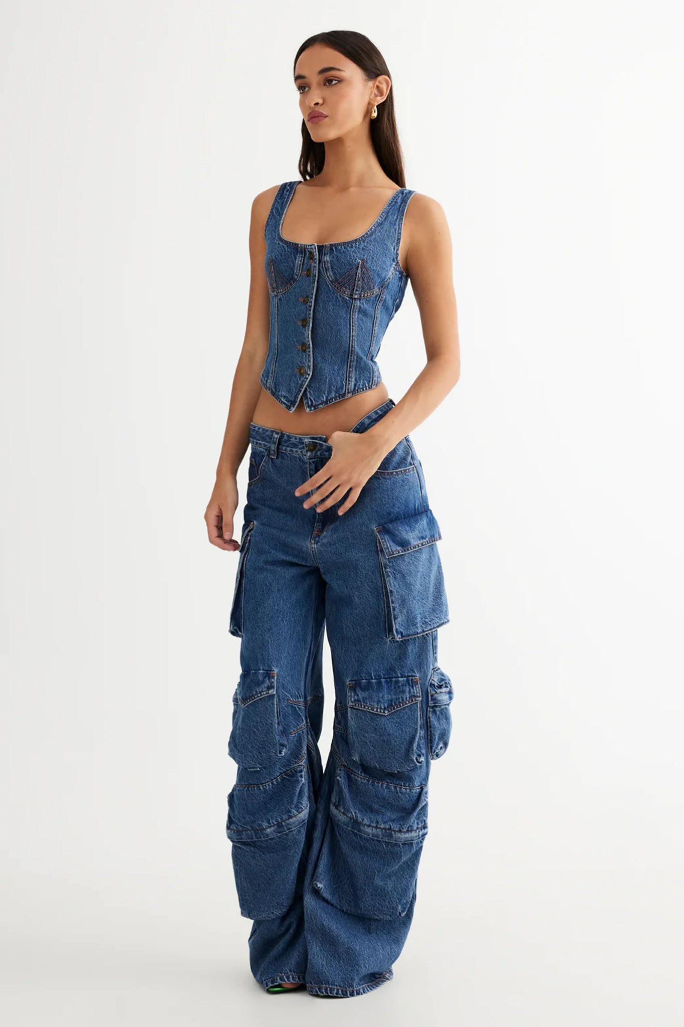 LIONESS After Hours Corset Top Blue Denim