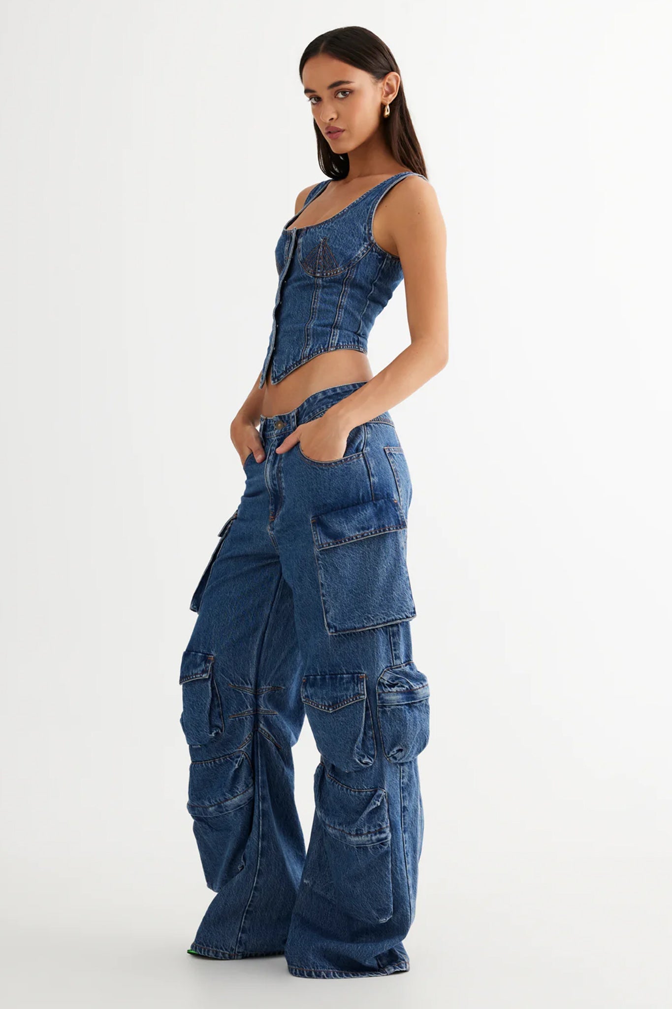 LIONESS After Hours Corset Top Blue Denim