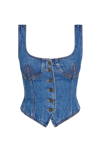 LIONESS After Hours Corset Top Blue Denim
