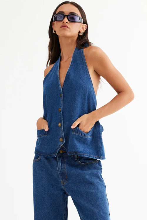 LIONESS Hills Halter Top Dark Denim