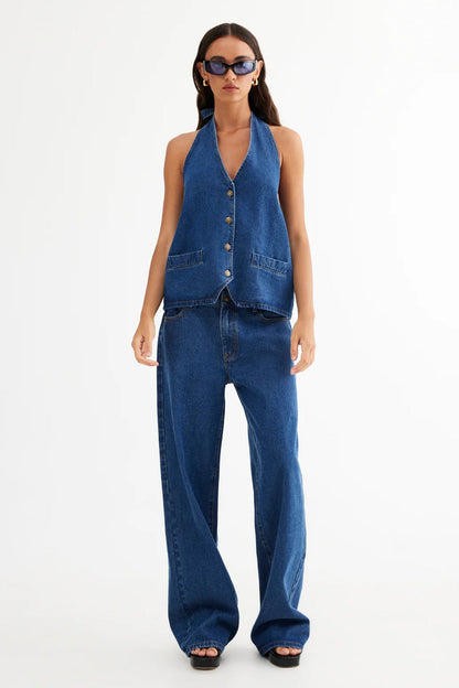 LIONESS Hills Halter Top Dark Denim