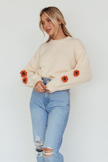 Lighthouse Flower Accent Sweater Cream