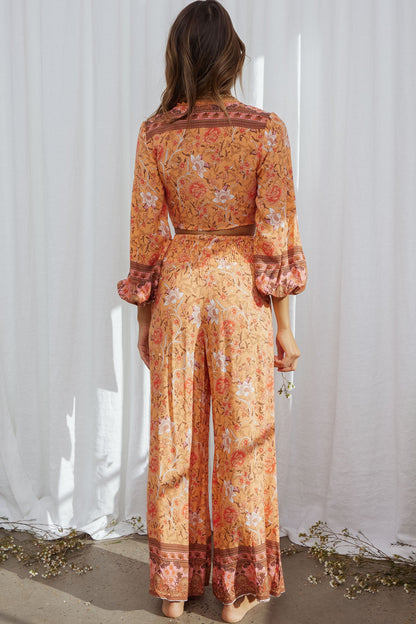 Novo Long Sleeve Tied Front Crop Top Bohemian Print Orange
