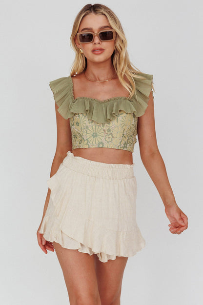 Dreamy On Or Off-Shoulder Frill Crop Top Beige/Olive