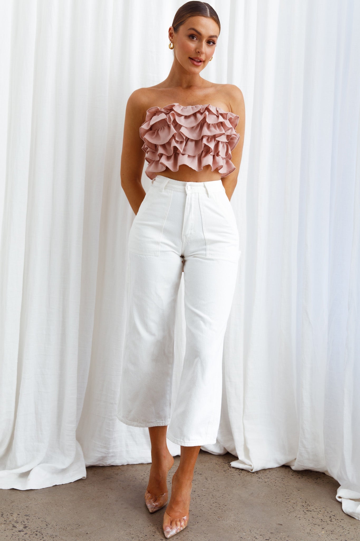 Talulah Layered Ruffle Lace-Up Back Crop Top Blush