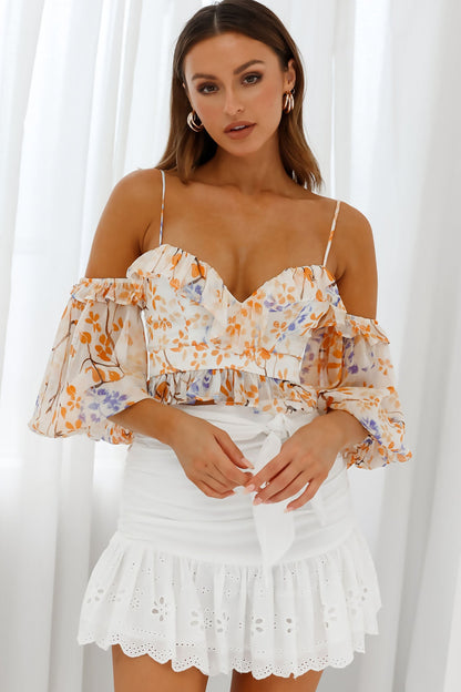 Fiorella Sweetheart Neckline Balloon Sleeve Crop Top Floral Print Orange