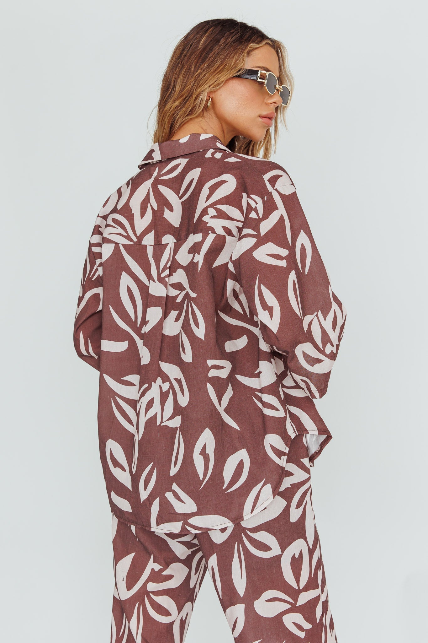 Just A Hunch Button Shirt Leaf Print Chocolate