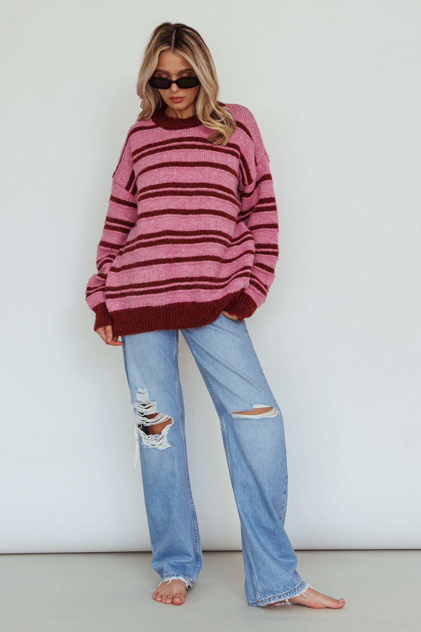 Jona Relaxed Knit Sweater Striped Pink