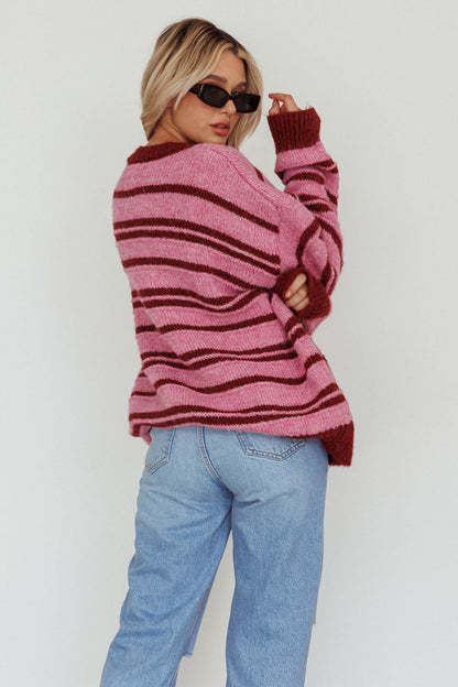 Jona Relaxed Knit Sweater Striped Pink