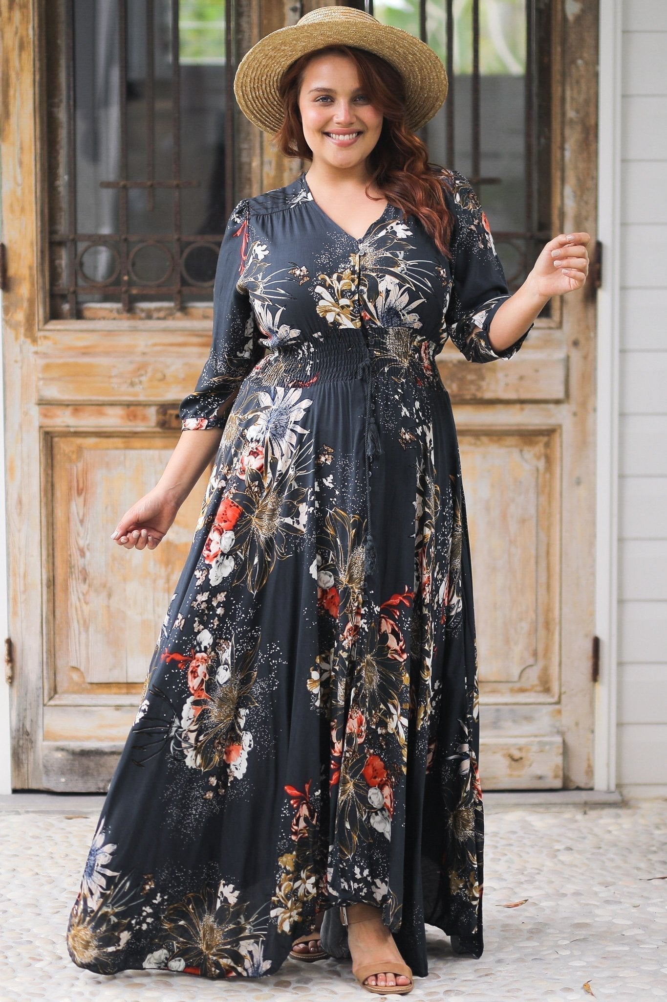 JAASE - Indiana Maxi Dress: Lace Back Shirred Waist A Line Dress with Handkerchief Hemline in Indigo Print