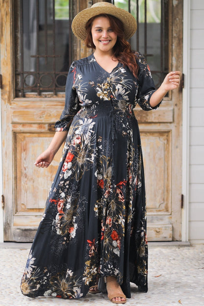 JAASE - Indiana Maxi Dress: Lace Back Shirred Waist A Line Dress with Handkerchief Hemline in Indigo Print