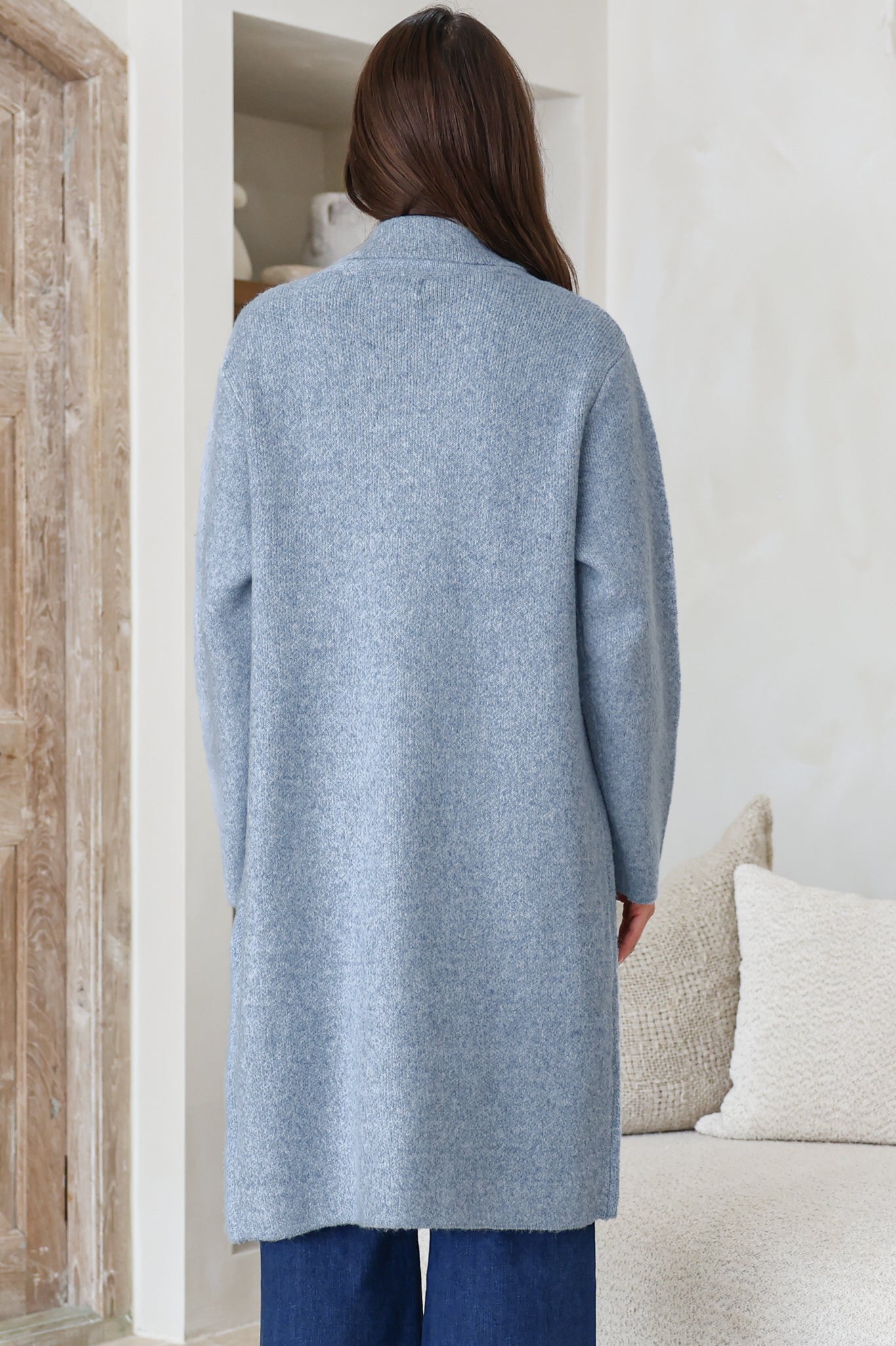 Samson Cardigan - Folded Lapel Collar Coatigan with Pockets in Blue