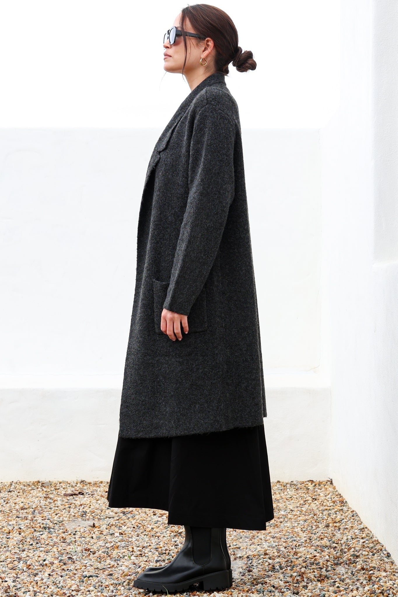 Samson Cardigan - Folded Lapel Collar Coatigan with Pockets in Charcoal