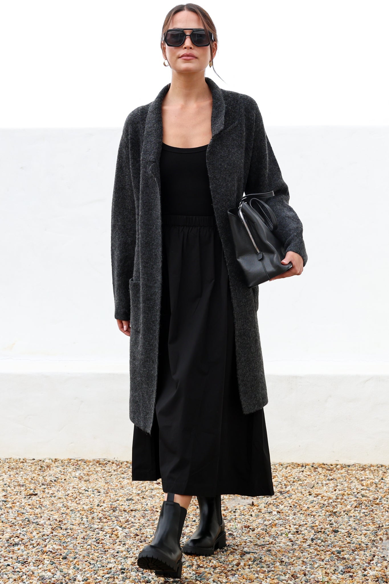 Samson Cardigan - Folded Lapel Collar Coatigan with Pockets in Charcoal