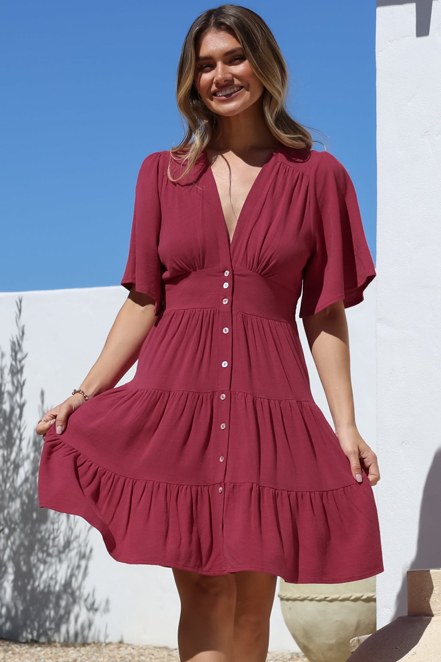 Sana Mini Dress - Bell Sleeve Button Down V Neck Dress in Berry