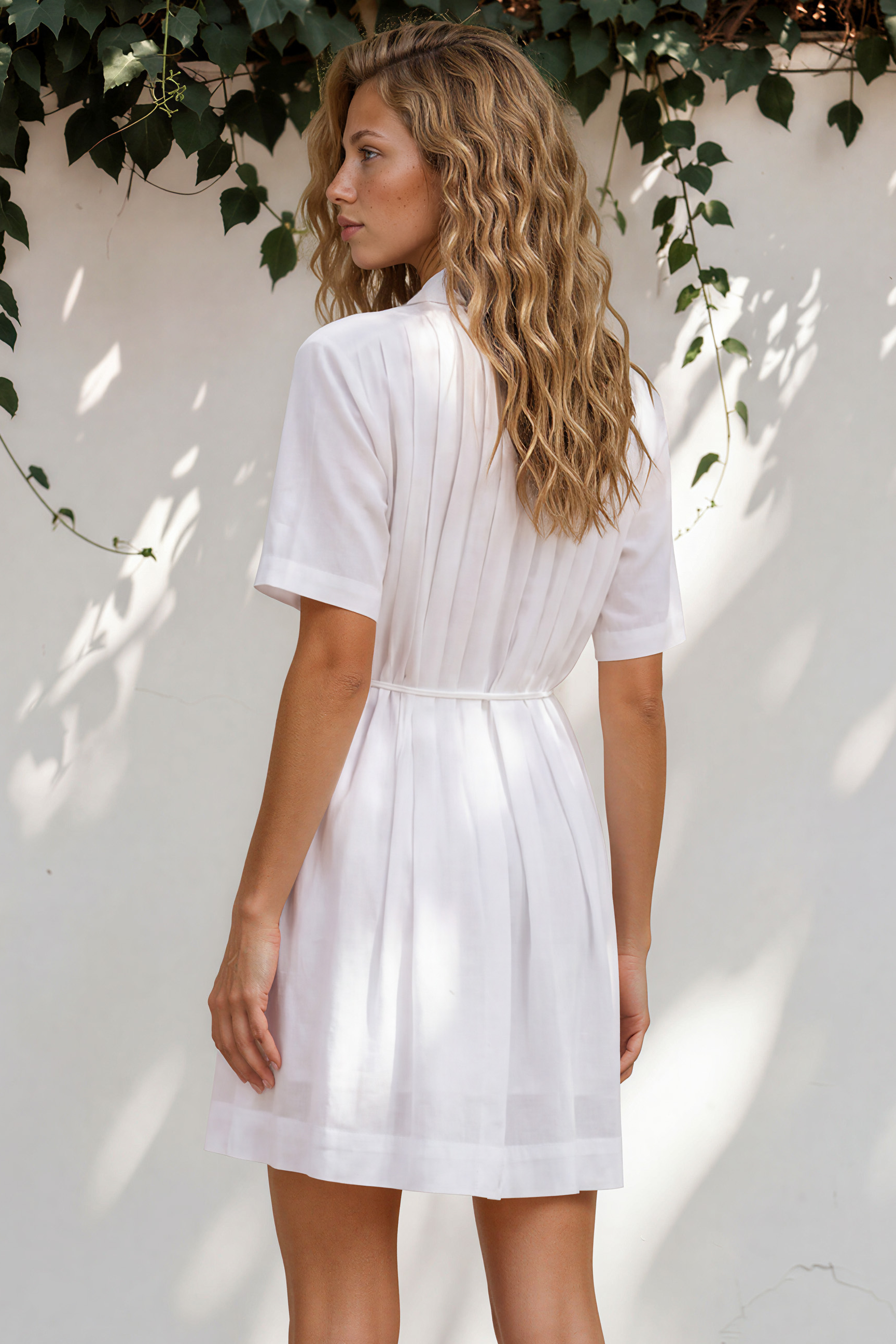 Santara Mini Dress - Collared Button Down with Slip and String Belt in White