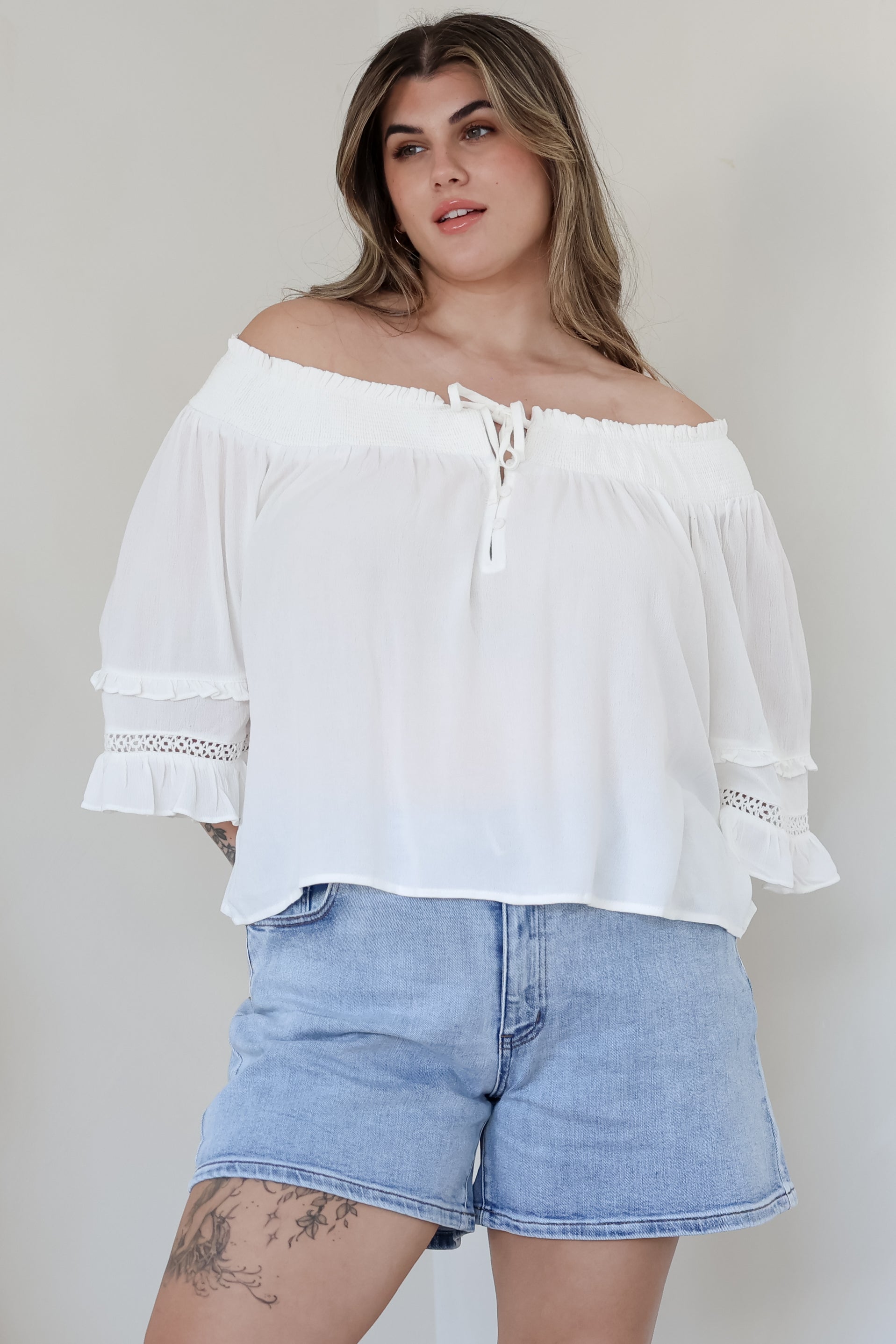 Sarah Top - Off Shoulder Ruffled Sleeve Top in White