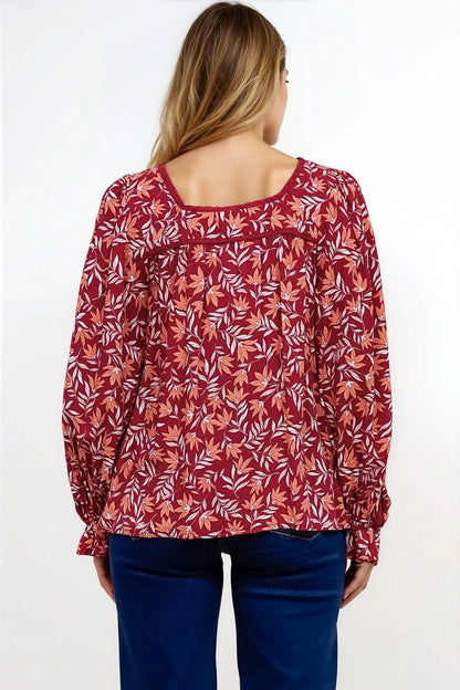 Savvy Blouse - Milkmaid Neckline Lace Trim Button Down in Roux Print