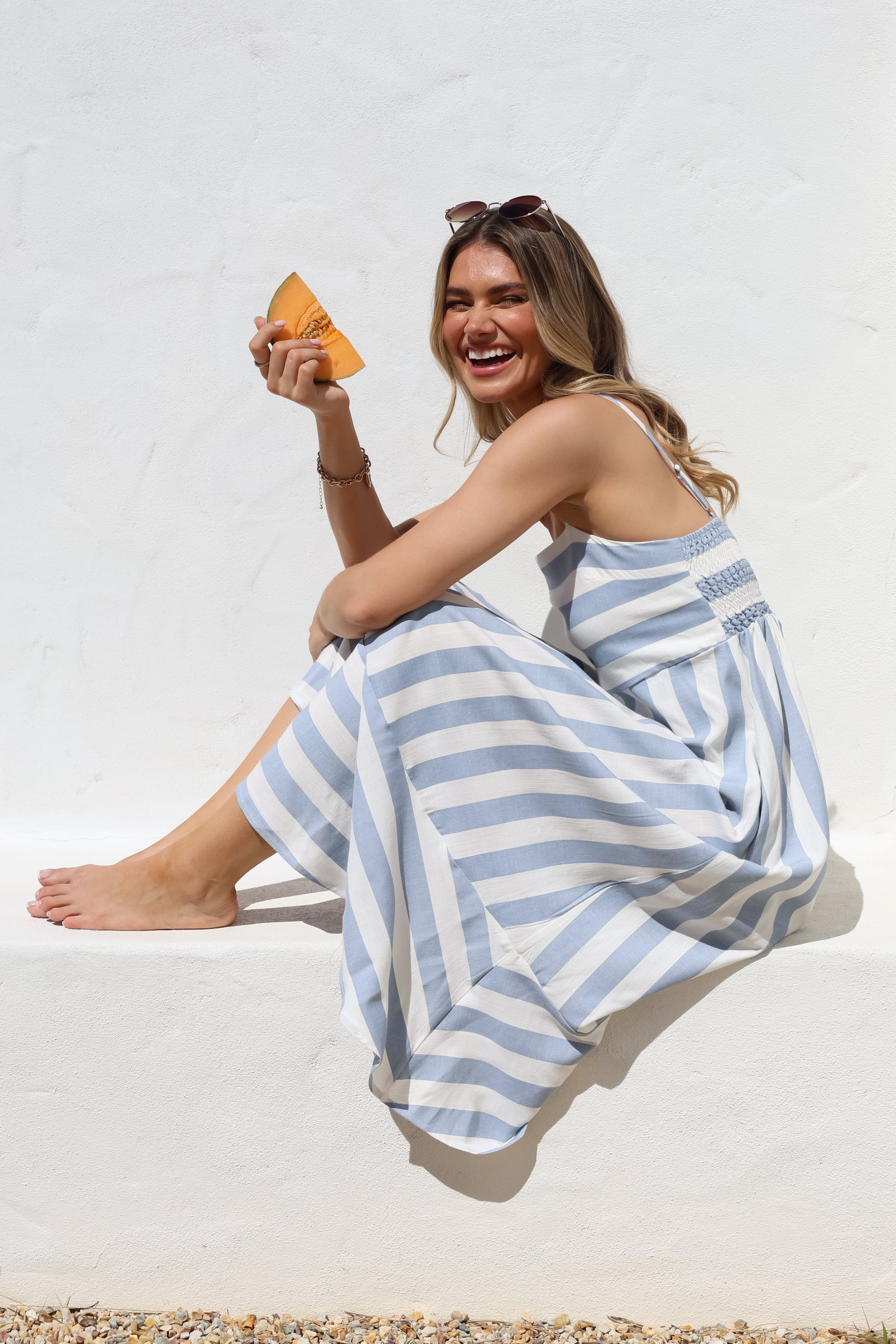 Sennia Midi Dress - Adjustable Spaghetti Strap Sun Dress in Gaubi Print Blue