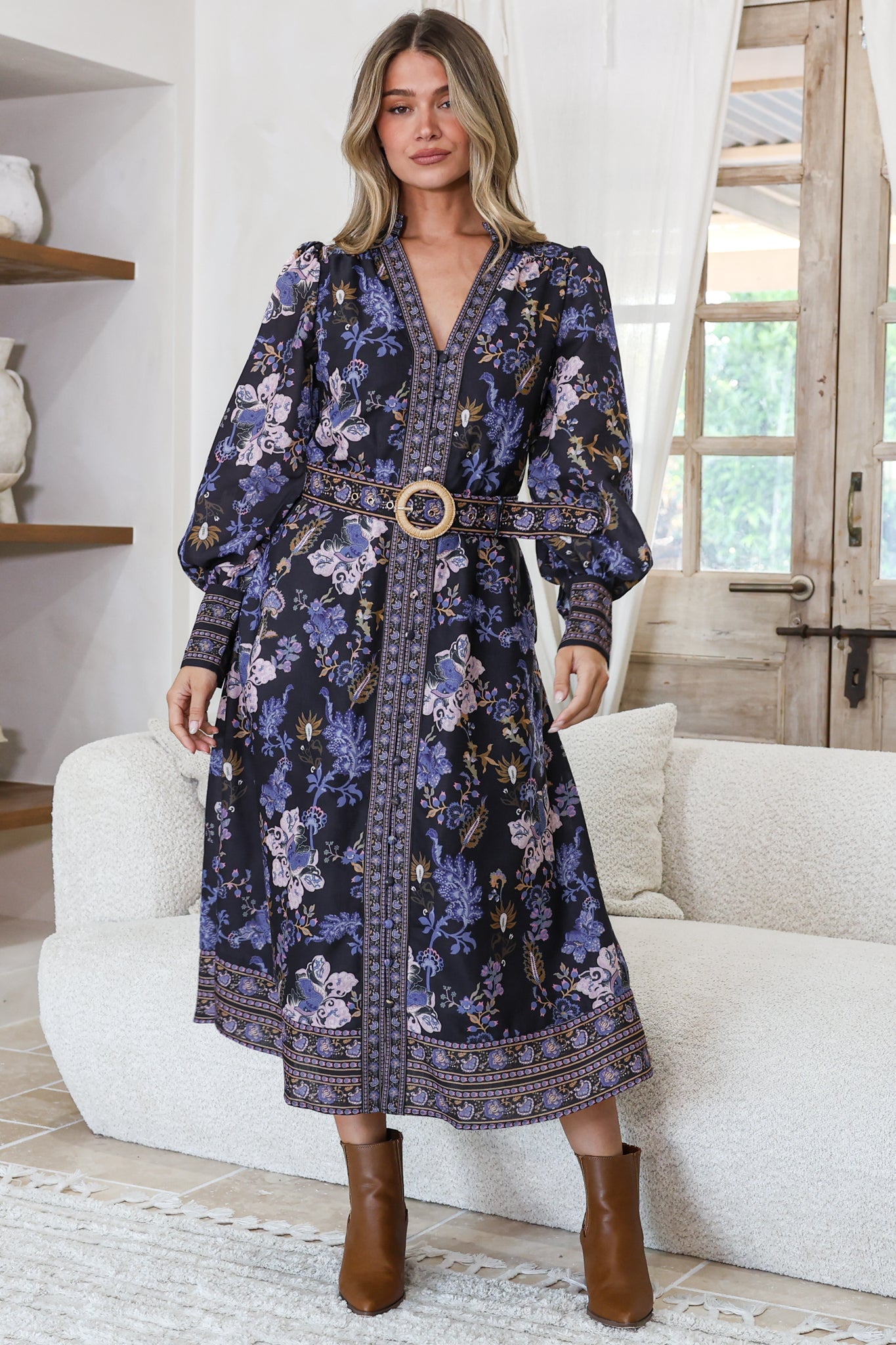 Shaylee Midi Dress - Mandarin Collar Deep V-Neck A Line Button Down with Matching Belt in Luella Print