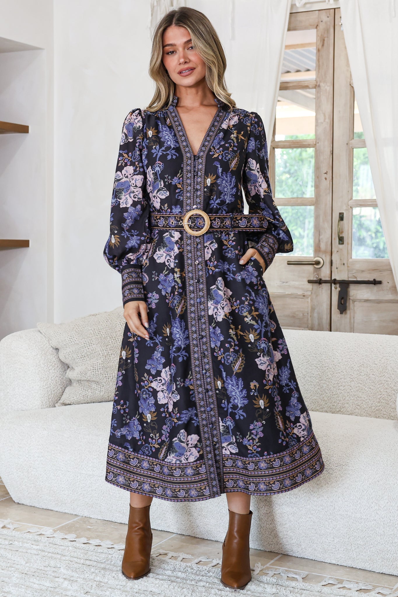 Shaylee Midi Dress - Mandarin Collar Deep V-Neck A Line Button Down with Matching Belt in Luella Print