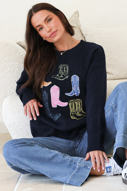 Shelby Jumper - Cowgirl Boot Graphic Long Sleeve Knit in Navy