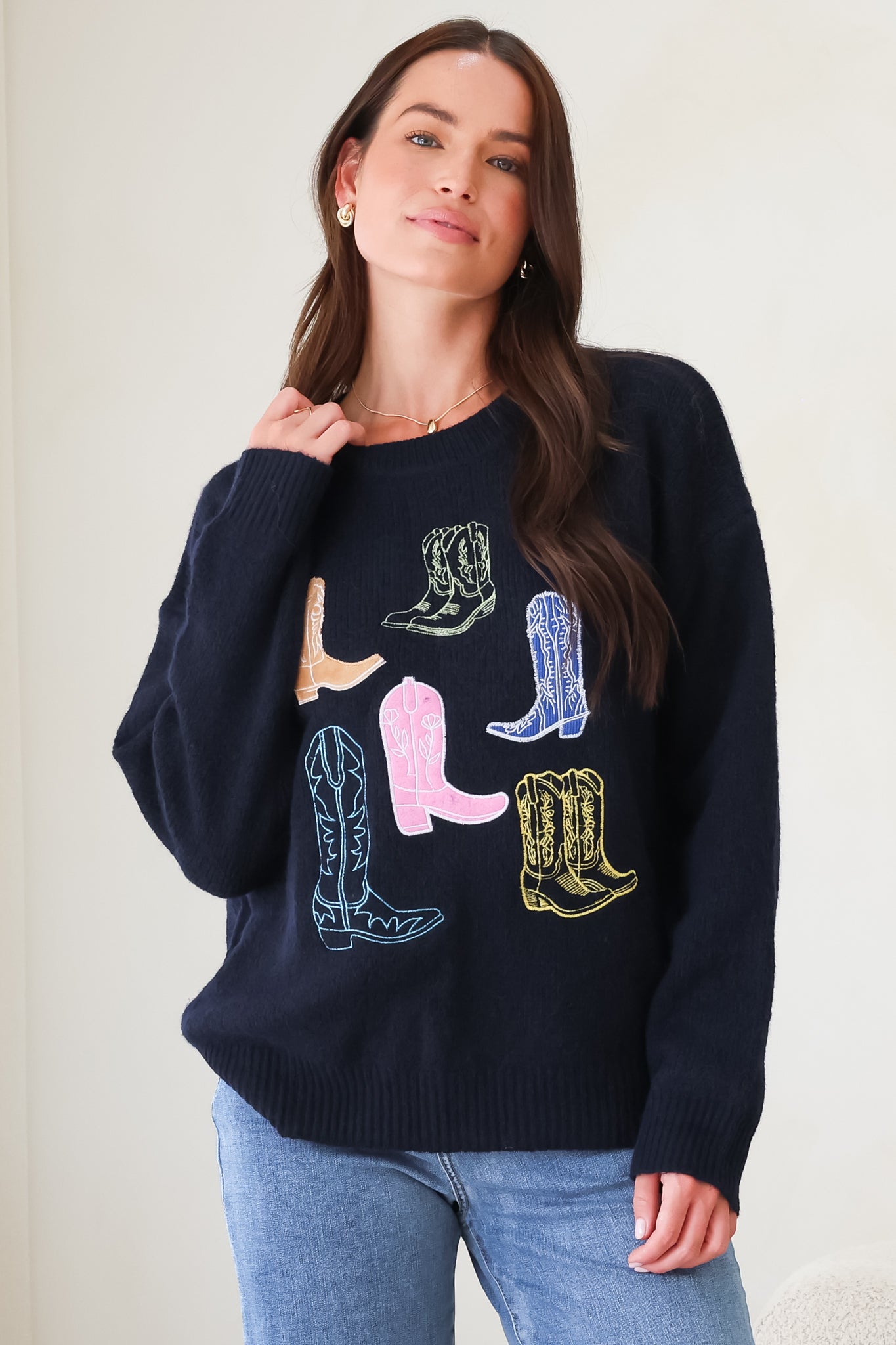 Shelby Jumper - Cowgirl Boot Graphic Long Sleeve Knit in Navy
