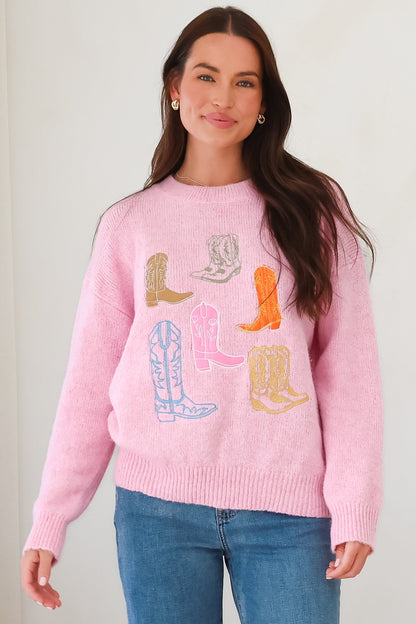 Shelby Jumper - Cowgirl Boot Graphic Long Sleeve Knit in Pink