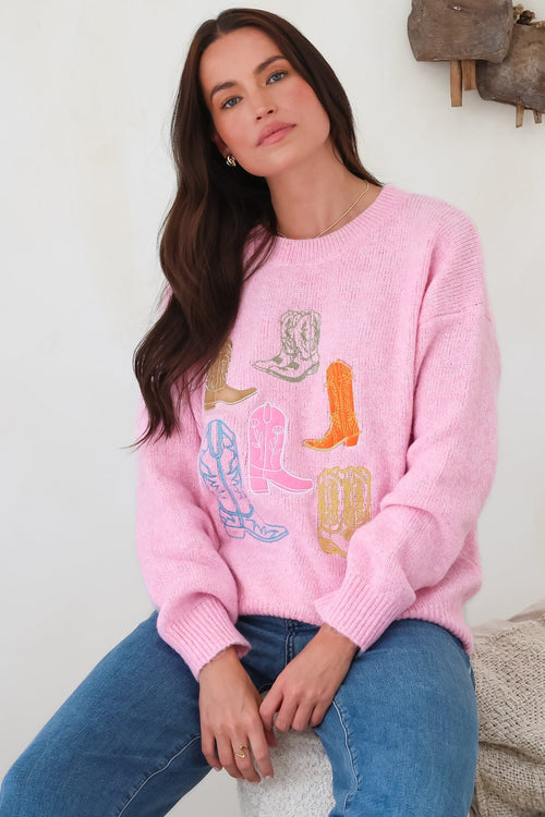 Shelby Jumper - Cowgirl Boot Graphic Long Sleeve Knit in Pink