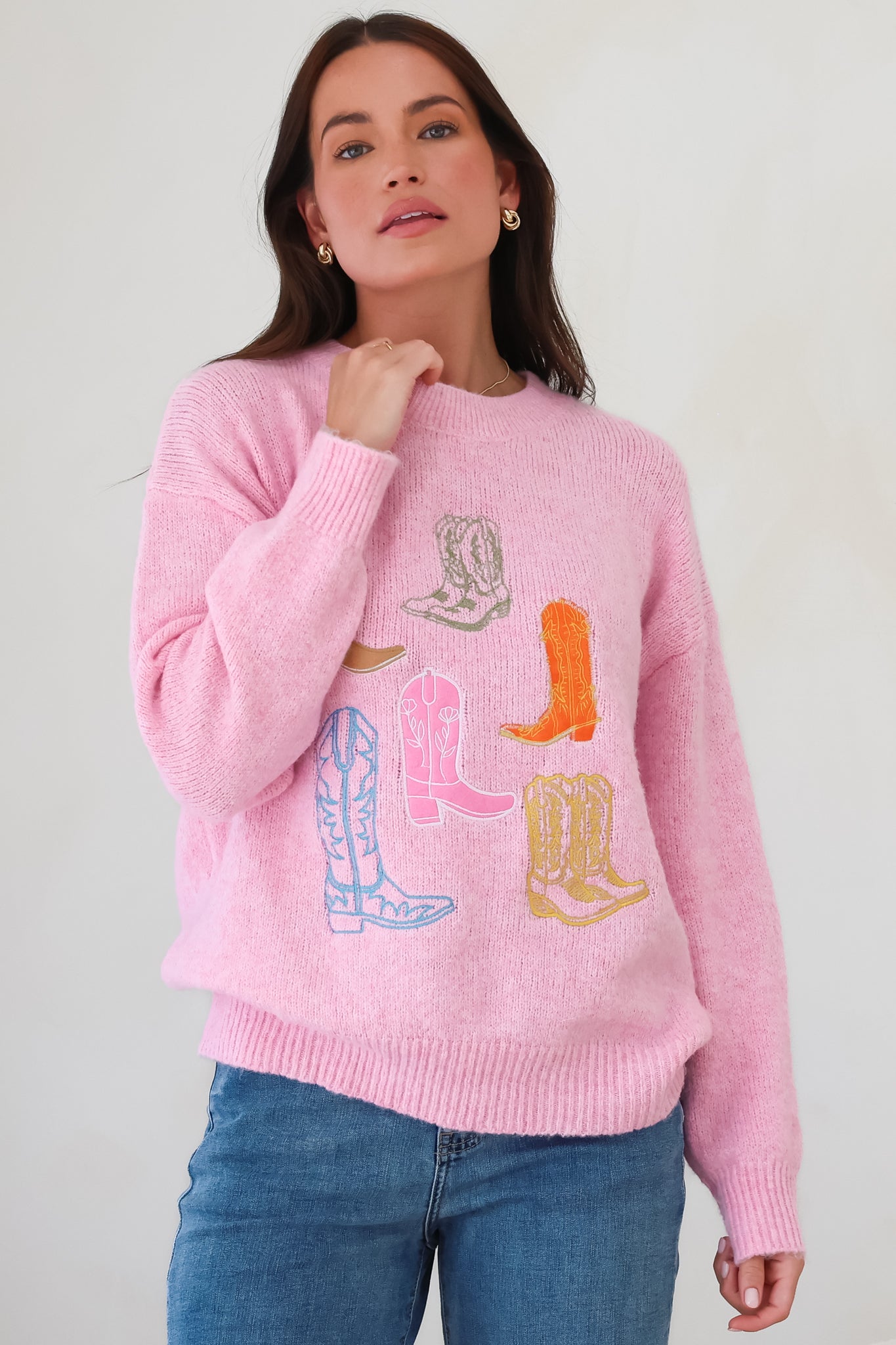 Shelby Jumper - Cowgirl Boot Graphic Long Sleeve Knit in Pink