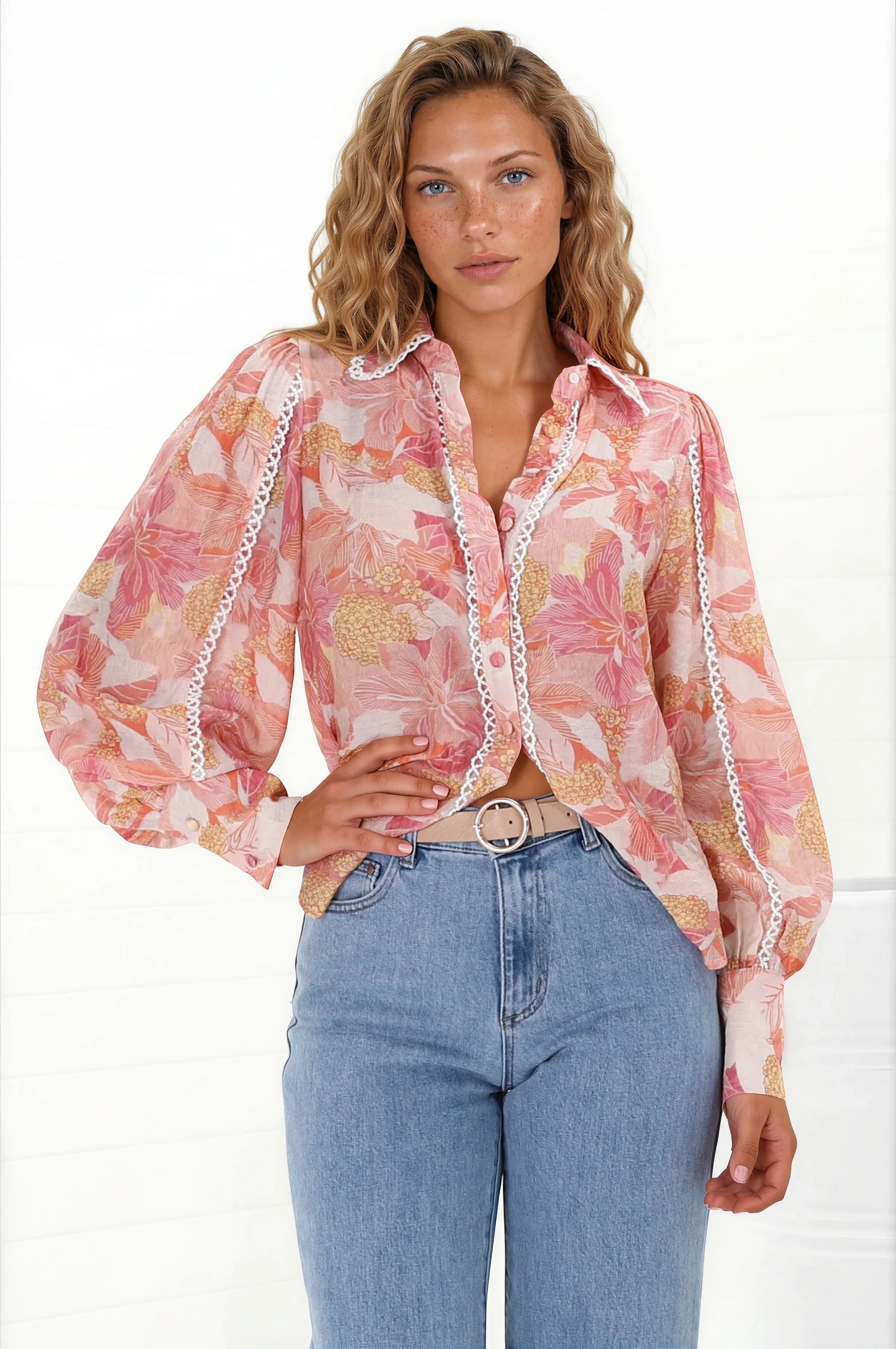 Shiloh Blouse - Contrast Trim Button Down Shirt in Lola Print