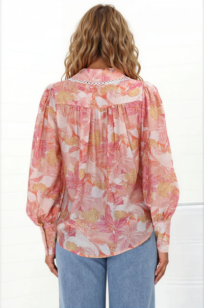 Shiloh Blouse - Contrast Trim Button Down Shirt in Lola Print