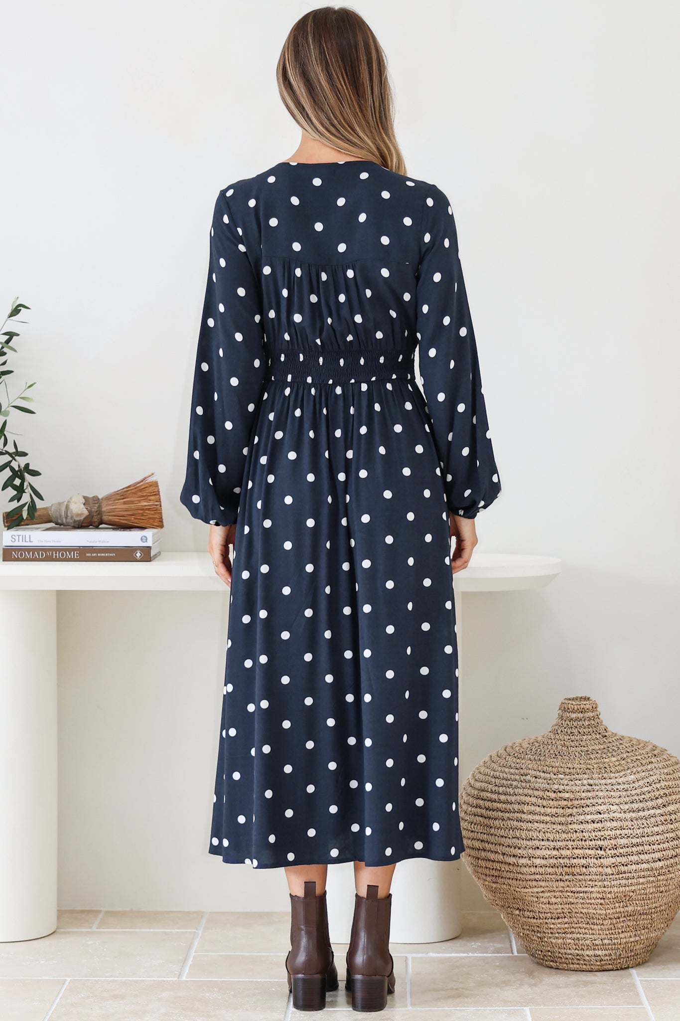 Soho Midi Dress - V Neck Button Down Tiered Dress with Pockets in Parisian Polka Print Navy