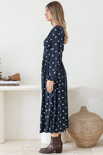 Soho Midi Dress - V Neck Button Down Tiered Dress with Pockets in Parisian Polka Print Navy